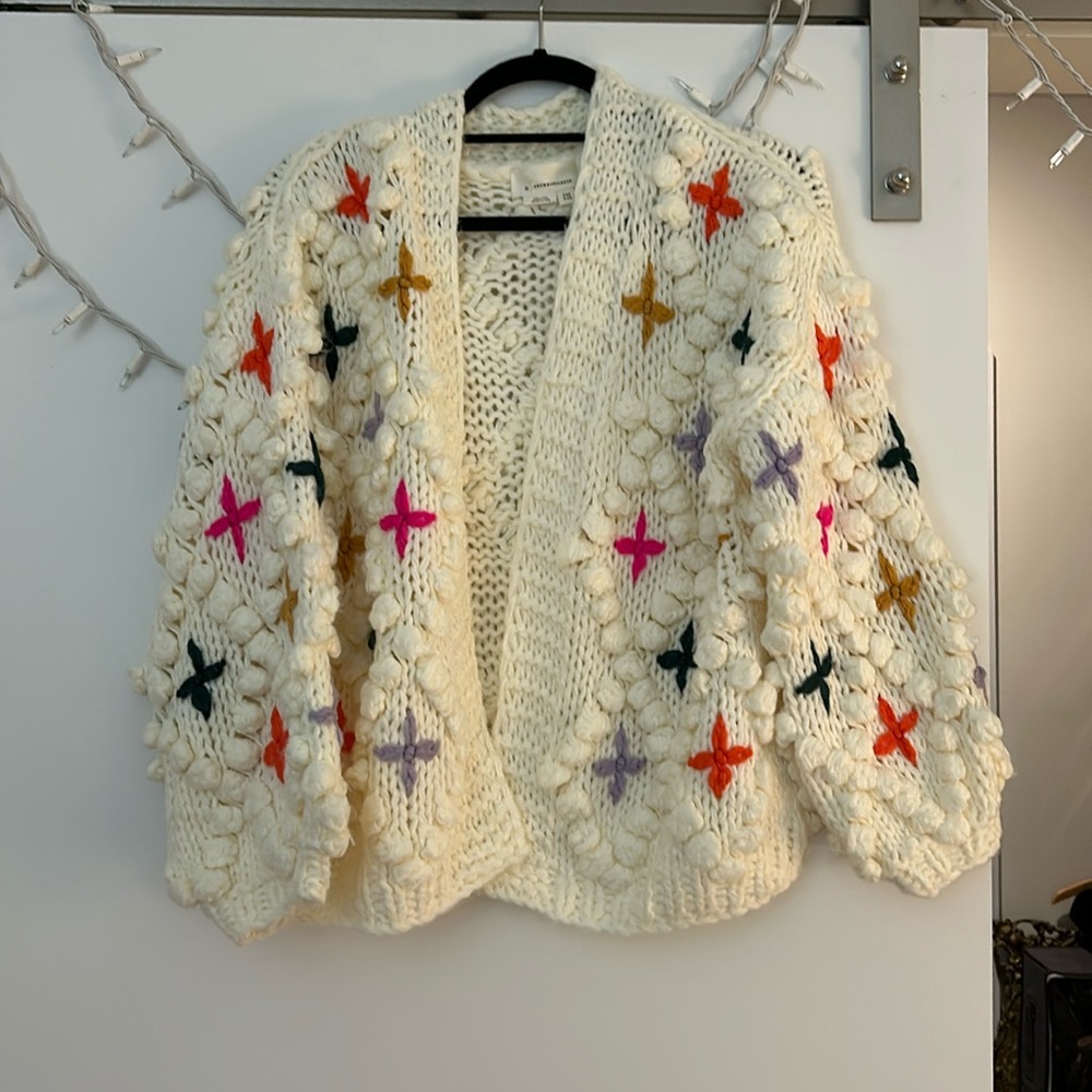 Anthropologie Chunky Knit Pom Pom Open Cardigan, Retail $180 ONE SIZE FITS MOST